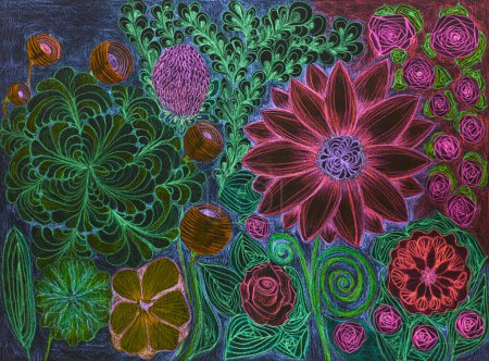 Beautiful doodle of a garden on a dark background. The dabbing technique near the edges gives a soft focus effect due to the altered surface roughness of the paper.