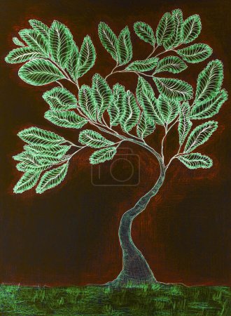 Bright abstract tree of life on a dark red background. The dabbing technique near the edges gives a soft focus effect due to the altered surface roughness of the paper.