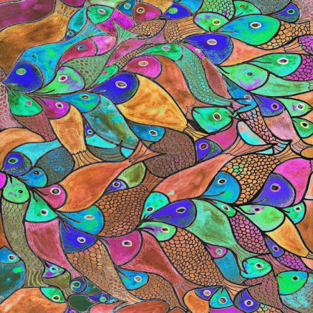 Téléchargez les photos : École colorée de poissons abstraits. La technique de tamponnage près des bords donne un effet de mise au point doux en raison de la rugosité de surface modifiée du papier. - en image libre de droit