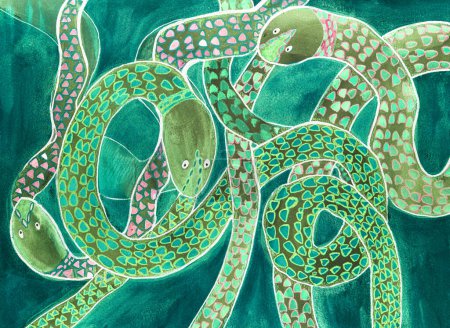 Asiatische Fantasie von Jaden-Schlangen, die sich selbst in den Schwanz beißen. Die Tupftechnik in Kantennähe verleiht durch die veränderte Oberflächenrauheit des Papiers einen weichen Fokuseffekt.