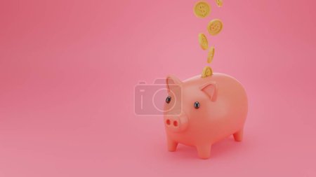 Foto de Hucha rosa con moneda de oro sobre fondo rosa para el negocio y el concepto financiero con espacio de copia para la publicidad de texto, 3d renderizado - Imagen libre de derechos