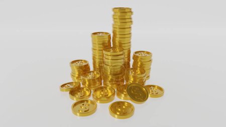 Foto de Representación 3D. Montón de monedas de oro sobre fondo blanco con concepto de ganancia. Monedas de oro o moneda de negocio. - Imagen libre de derechos