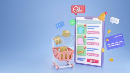 3D-Renderer. das Konzept des Online-Shoppings in den sozialen Medien App. 3D-Smartphone mit Kreditkarte, Einkaufswagen, Chat-Nachricht, Lieferung, 24 Stunden, und Like-Symbol. geeignet zur Förderung digitaler Geschäfte