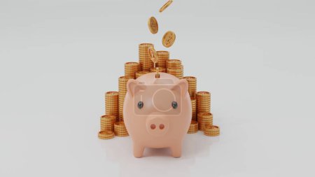 Foto de Hucha de cerdo con monedas de oro sobre un fondo blanco. Ilustración de representación 3d para ideas. - Imagen libre de derechos