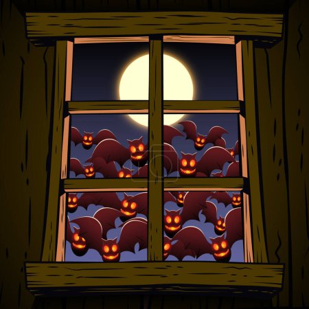 Foto de Noche de Halloween fondo con casa y murciélago espeluznante, ilustración - Imagen libre de derechos