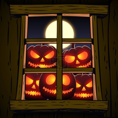Foto de Fondo de noche de Halloween con casa y calabazas espeluznantes, ilustración - Imagen libre de derechos