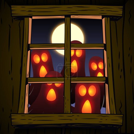 Foto de Noche de Halloween fondo con casa y fantasma espeluznante, ilustración - Imagen libre de derechos
