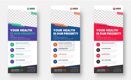 Illustration for Medical doctor healthcare modern rack card and dl flyer. medical doctor healthcare roll up banner design template with blue, green, yellow and red color. - Royalty Free Image