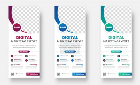 Corporate Business für digitales Marketing rollen Banner oder Banner Design-Vorlage mit blauer, grüner und roter Farbe auf. Digital Marketing Corporate Business Modern Rack Card und dl Flyer Design-Vorlage.