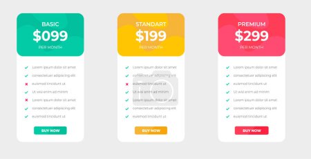 Illustration for Pricing table and pricing chart Price list vector template for web or app. Ui UX design tables with tariffs, subscription and business plans. Comparison business web plans, 3 column grid design. - Royalty Free Image