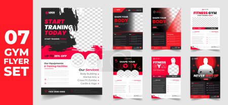 Illustration for Set of 7 Mega collection Fitness gym flyer design template. Fitness gym flyer bundle. Fitness gym flyer set. set of 7 Item Fitness gym flyer with unique shapes and red color. - Royalty Free Image