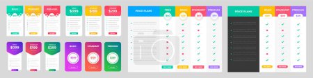 Illustration for Set of 07 Mega collection pricing table and pricing chart Price list vector template for web or app. Ui UX design tables with tariffs, subscription and business plans. - Royalty Free Image