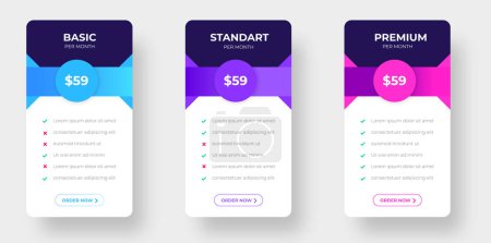 Illustration for Pricing plans table and pricing chart Price list  for web or app. Ui UX pricing design tables with tariffs, subscription features checklist and business plans. Product Comparison business web plans. - Royalty Free Image