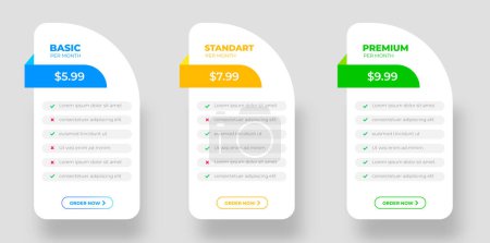 Illustration for Ui UX pricing design tables with tariffs, subscription features checklist and business plans. pricing plans table and pricing chart Price list for web or app. Product Comparison business web plans. - Royalty Free Image
