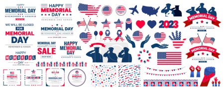 happy memorial day text, typography, usa flag and memorial day elements big set bundle design. USA flag, the Statue of Liberty fireworks, balloons, and many more illustrations in one big bundle. 