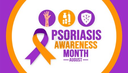 Illustration for August is Psoriasis Awareness Month background template. Holiday concept. background, banner, placard, card, and poster design template with ribbon, text inscription and standard color. vector - Royalty Free Image
