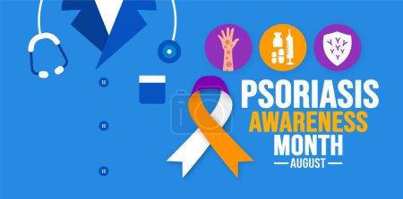 August ist Psoriasis Awareness Month Hintergrundvorlage. Ferienkonzept. Hintergrund, Banner, Plakat, Karte und Plakatentwurf mit Band, Textinschrift und Standardfarbe. Vektor