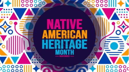 Illustration for November is Native american heritage month colorful pattern background template. American Indian culture Celebrate annual in United States. use to banner, placard, card, poster design template. - Royalty Free Image