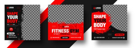 Illustration for Watercolor paint brush strokes texture Fitness gym social media post banner template with black and red color. Grunge brush stroke effect Workout fitness and Sports social media post banner bundle. - Royalty Free Image