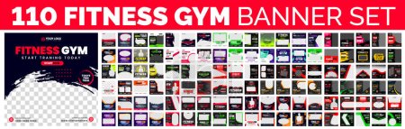 Illustration for 110 big mega bundle of Fitness gym social media post banner template set. 110 big mega collection bundle. gym, Workout, fitness and Sports social media post banner set. - Royalty Free Image
