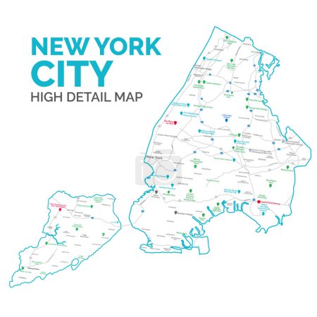 Téléchargez les illustrations : New York carte de haute qualité et haute résolution détaillée. détail plan urbain vectoriel imprimer affiche New York carte de la ville. NYC route et carte avec étiquetage pour votre site Web, app et UI design. - en licence libre de droit