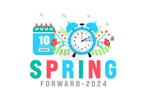 Spring Forward concept 2024 banner. Daylight Saving Time Starts background with cartoon doodle style with funny clock flower. schedule of changing clocks at march 10, 2024. Spring Forward clock banner