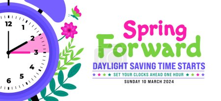 Spring Forward concept 2024 banner. Daylight Saving Time Starts background with cartoon doodle style with funny clock flower. schedule of changing clocks at march 10, 2024. Spring Forward clock banner