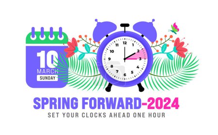 Ilustración de Banner Spring Forward concept 2024. Horario de verano Comienza el fondo con un estilo de garabato de dibujos animados con una divertida flor del reloj. horario de cambio de relojes en marzo 10, 2024. Banner de reloj Spring Forward - Imagen libre de derechos