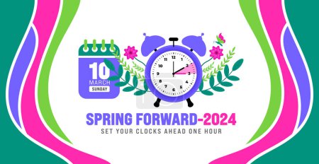 Frühjahrskonzept 2024. Daylight Saving Time Beginnt Hintergrund mit Cartoon-Doodle-Stil mit lustigen Uhrenblume. Zeitumstellung am 10. März 2024. Frühlingsuhr-Banner