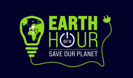 Illustration for March is Earth hour background. turn off your lights for our planet banner. Earth hour illustration with planet and turn off button. Turn off the lights. Web banner. - Royalty Free Image