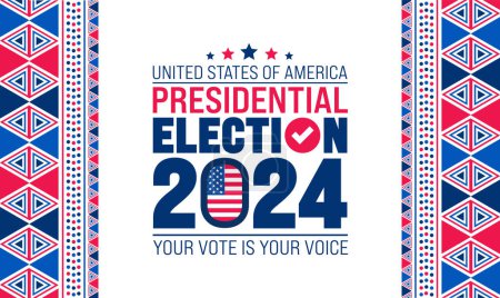 Vorlage für das Hintergrunddesign der US-Wahl 2024. USA Flagge 2024 Präsidentschaftswahl Banner Design. Wahlplakat für die US-Präsidentschaftswahl. 5. November Wahltag Banner. Vektorillustration.