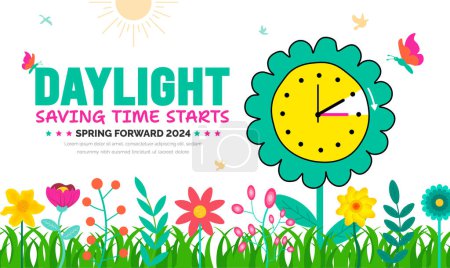 Spring Forward 2024 Banner Hintergrund mit Blumen und Gras. Daylight Saving Time Beginnt Hintergrund mit Cartoon-Doodle-Stil mit lustigen Uhrenblume. Zeitplan der Uhrenumstellung am 10. März