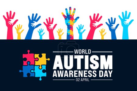 Illustration for 2 April world Autism Awareness Day colorful Puzzle banner design template. Autism Awareness Day colorful kids raising hand background design template. - Royalty Free Image
