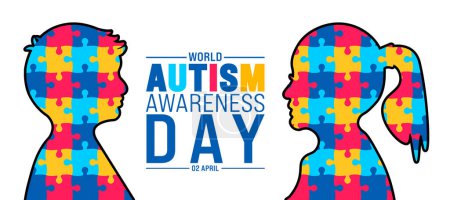 Illustration for 2 April world Autism awareness day boy and girl child colorful puzzle pattern banner design template. vector illustration. - Royalty Free Image