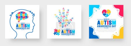 2 Avril monde Journée de sensibilisation à l'autisme médias sociaux poster bannière design set. Bannière de la Journée de sensibilisation à l'autisme avec pièce de puzzle, main d'enfant, ruban de sensibilisation, icône de l'amour, conception vectorielle enfant fille et garçon.