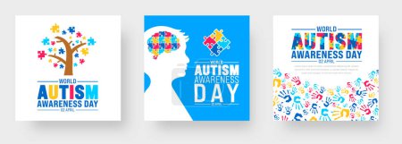 2 Avril monde Journée de sensibilisation à l'autisme médias sociaux poster bannière design set. Bannière de la Journée de sensibilisation à l'autisme avec pièce de puzzle, main d'enfant, ruban de sensibilisation, icône de l'amour, conception vectorielle enfant fille et garçon.