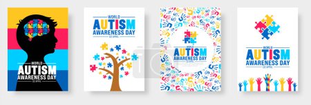 2 Avril monde Autism Awareness Day book cover design set. Journée de sensibilisation à l'autisme bannière ou faisceau de fond avec pièce de puzzle, enfants levant la main, main d'enfant, ruban, icône d'amour, enfant fille, garçon vecteur.