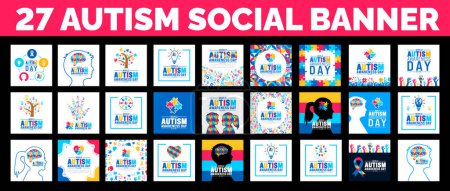 27 große Bündel von Autismus-Sensibilisierungstagen in den sozialen Medien posten Banner. Autismus Awareness Day Banner oder Hintergrund großes Set mit Puzzleteil, Kinderhand, Schleife, Liebesikone, Kind Mädchen, Junge Vektor.