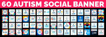 60 big mega bundle of Autism Awareness Day social media post banner design. Journée de sensibilisation à l'autisme bannière ou fond grand ensemble avec pièce de puzzle, main d'enfant, ruban, icône d'amour, enfant fille, garçon vecteur.