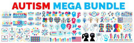 big mega bundle of Autism Awareness Day social media post banner, autismo diseño de texto, fondo de patrón, pieza del rompecabezas, niños levantando la mano, mano de niño, cinta, icono de amor, niña, niño niño, vector.