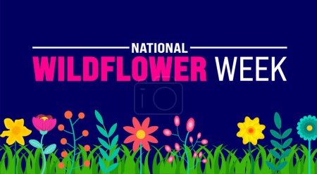 Der Mai ist die nationale Wildblumenwoche. Ferienkonzept. Verwendung für Hintergrund, Banner, Plakat, Karte und Plakatentwurf mit Textbeschriftung und Standardfarbe. Vektorillustration