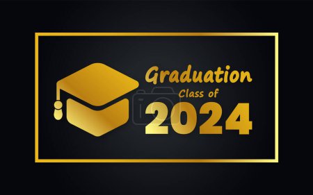 Illustration for Academic hat for high school or college graduation Class of 2024 badge background design template in black and gold colors. Congratulations graduates 2024 banner design. - Royalty Free Image