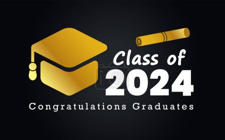 Illustration for Academic hat for high school or college graduation Class of 2024 badge background design template in black and gold colors. Congratulations graduates 2024 banner design. - Royalty Free Image