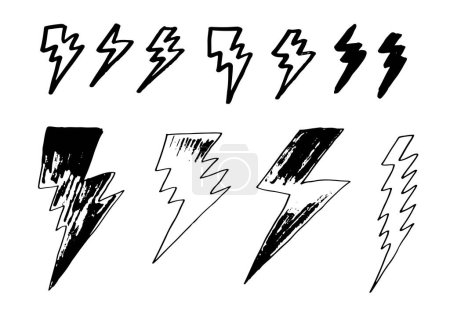 Illustration for Set of hand drawn vector doodle electric lightning bolt symbol sketch illustrations. thunder symbol doodle icon. - Royalty Free Image