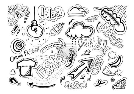 Hand drawn doodle creative arts such as clouds, t-shirts, bulb, arrows, leaves, mountains. Design illustration for design elements.