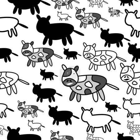 Téléchargez les illustrations : Seamless funny pattern with doodle cartoon cow - en licence libre de droit