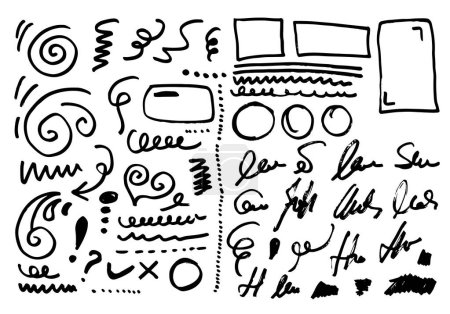 Illustration for Set of hand drawn abstract vector symbols. Hearts, circles, frames, and doodle markers. Ink, pencil, brush strokes. signature. - Royalty Free Image