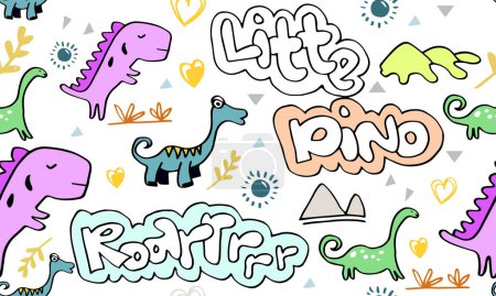 Illustration for Childish seamless pattern with hand drawn funny dinosaurs for fabric, textile, fashion clothes, t shirts. hand drawn vector with lettering. - Royalty Free Image