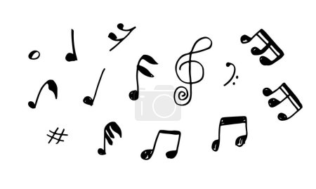 Set hand drawn icons such as eight note rest, half note, beam, thirty second note, flat,music and media outline thin icons collection.