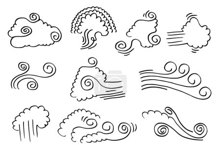 Téléchargez les illustrations : Illustration de vent doodle vecteur style dessiné à la main isolé sur fond blanc. - en licence libre de droit